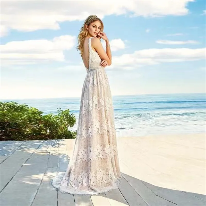 Elegant White Boho Lace Prom Dress V Neck Sleeveless Backless A Line Floor Length Party Gown Beach Wedding Bridal Evening Robe