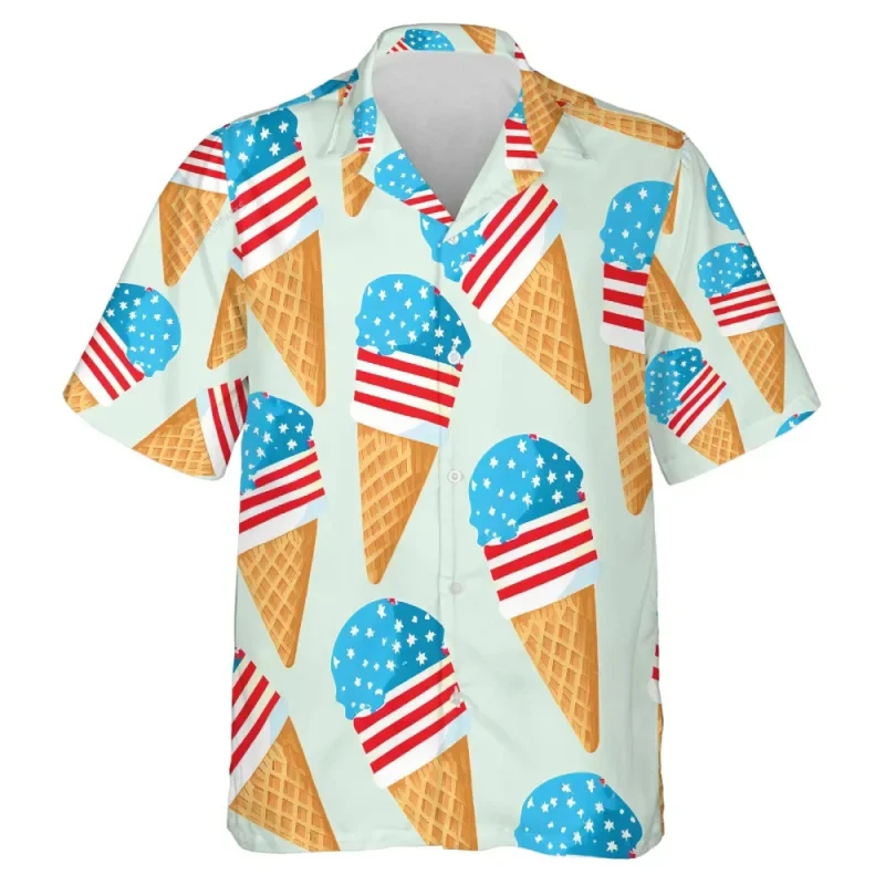 Full Print Independence Day Ice Cream Graphic Hawaiian Shirt For Men Women Casual Button Down Beach Shirts Plus Size Aloha Shirt