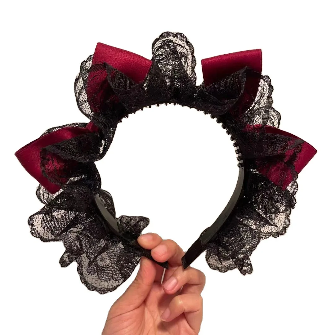 Original Lolita Hair Accessories Dark Sweet Japanese Lace Bow Hair Band Loli Headdress Fairy