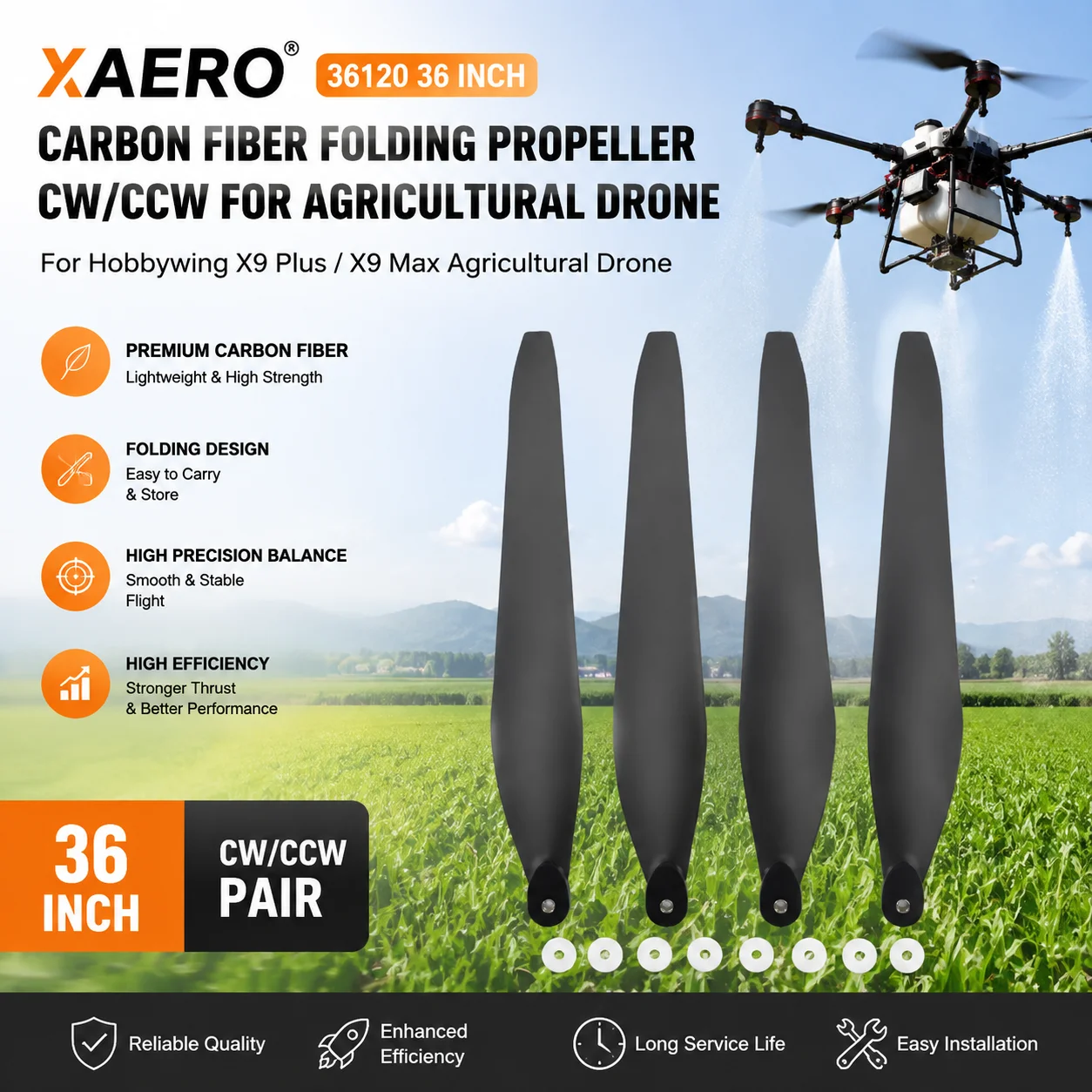 XAERO 36120 36 inch Carbon Fiber Folding Propeller CW CCW for Hobbywing X9 Plus X9 Max Agricultural Drone