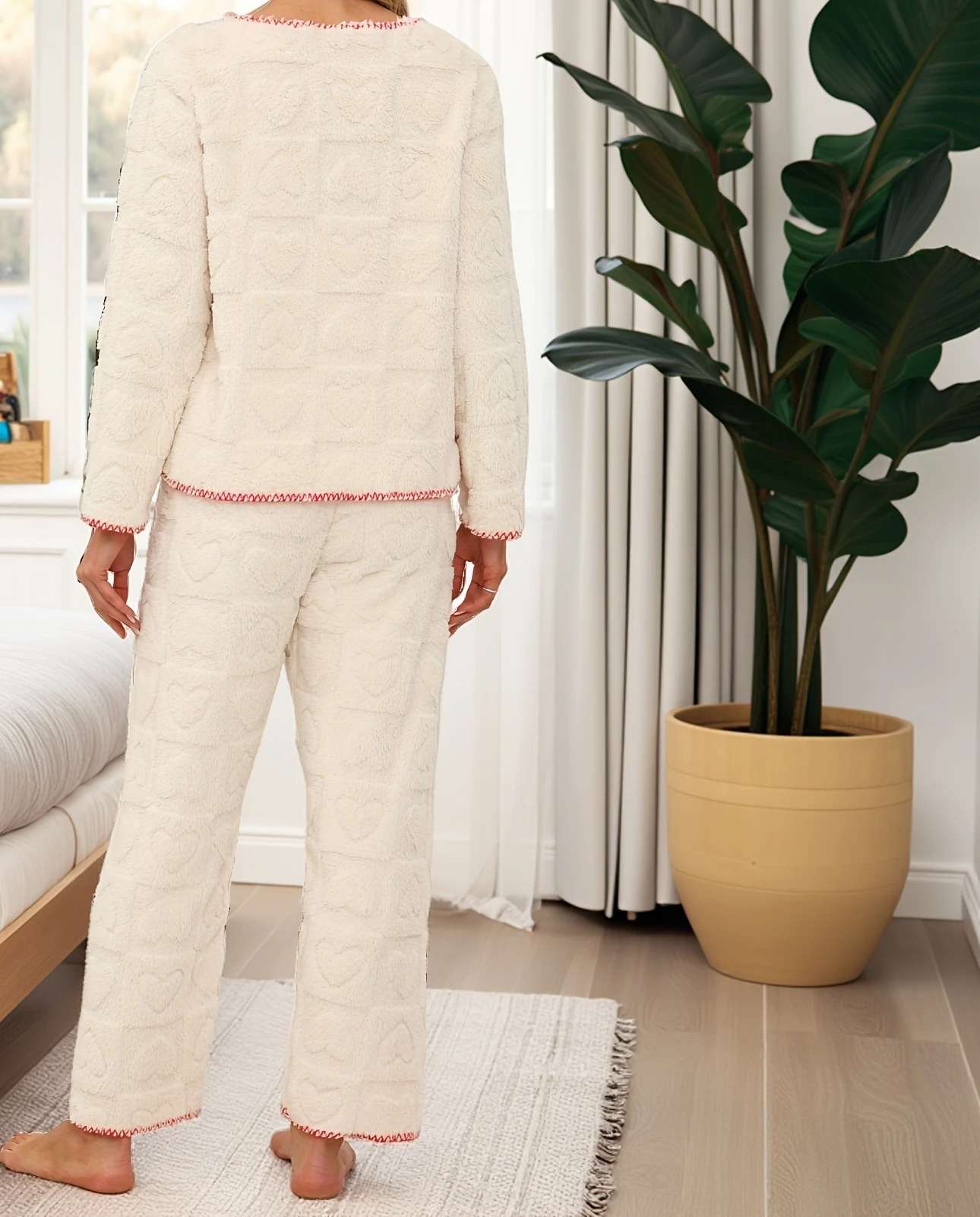 Autumn and Winter Women's Contrasting V-neck Long Sleeved Pants Sleepwear Set Casual and Fashionable Button Up Home Clothes
