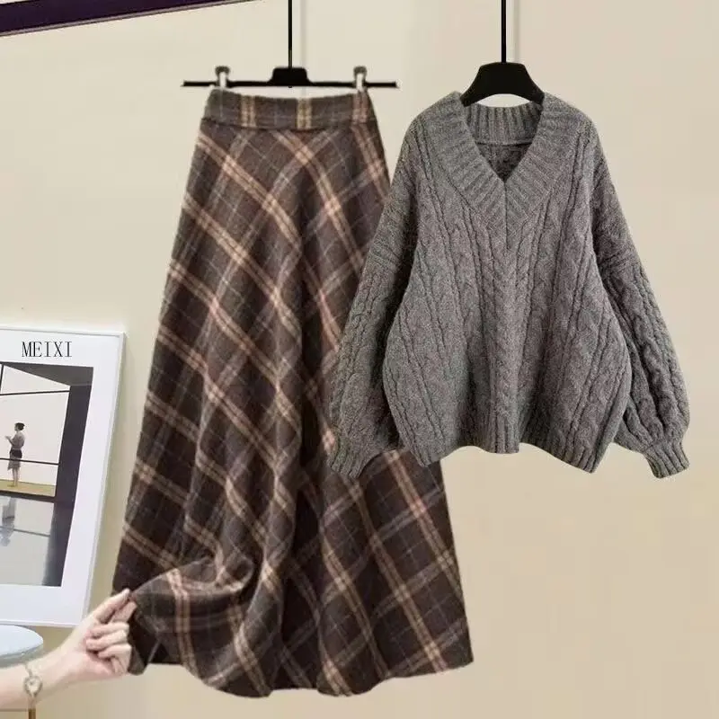 Женский осенне-зимний винтажный серый свитер, клетчатые юбки, костюмы из двух предметов, женский повседневный вязаный пуловер с v-образным вырезом, топы, юбка, наряды