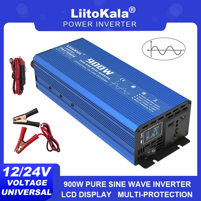 LiitoKala Intelligent 900W/1800W Sine Wave Inverter 12V/24V Input 220V 50Hz Output Multiple Protection Metal Shell.