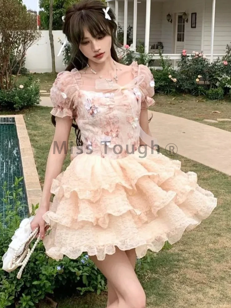 Summer Party Mini Dress Women New Flower Bow Lolita Sweet Dress Female Korean High Waist Short Sleeves Cake Fairy Dress 2024