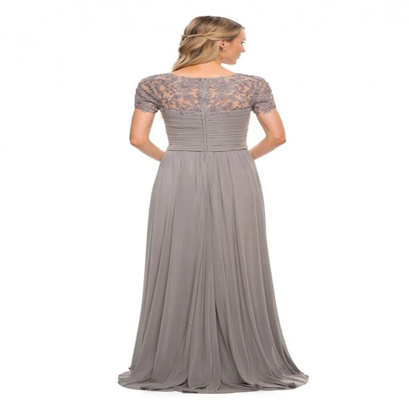 V Neck Elegant Lush Mother Of The Bride Dress Applique Lace Short Sleeve Chiffon Floor Lenght Grey Mom Dresses Plus Size Woman