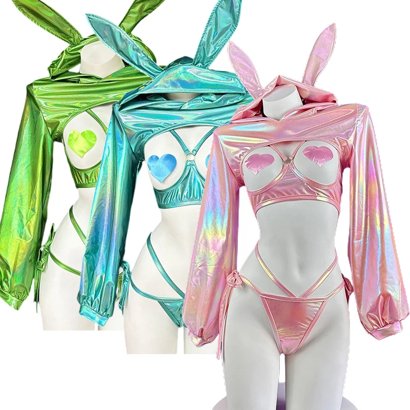 Cyber Punk Laser Dazzling Fabric Bunny Girl Cosplay Women Sexy Game Costume Set Shinny Anime Machine Rabbit Uniform