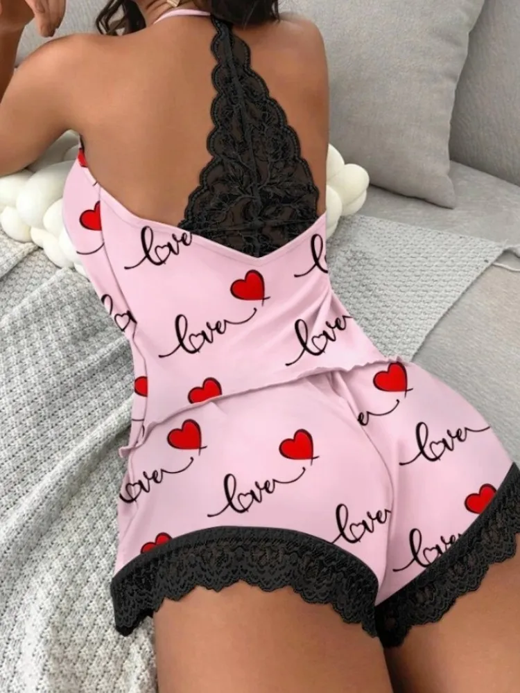 

Женский повседневный пижамный комплект, летняя одежда для сна, комплект из 2 предметов, топы на бретельках и шорты без рукавов с v-образным вырезом и принтом сердца, комплект одежды для дома