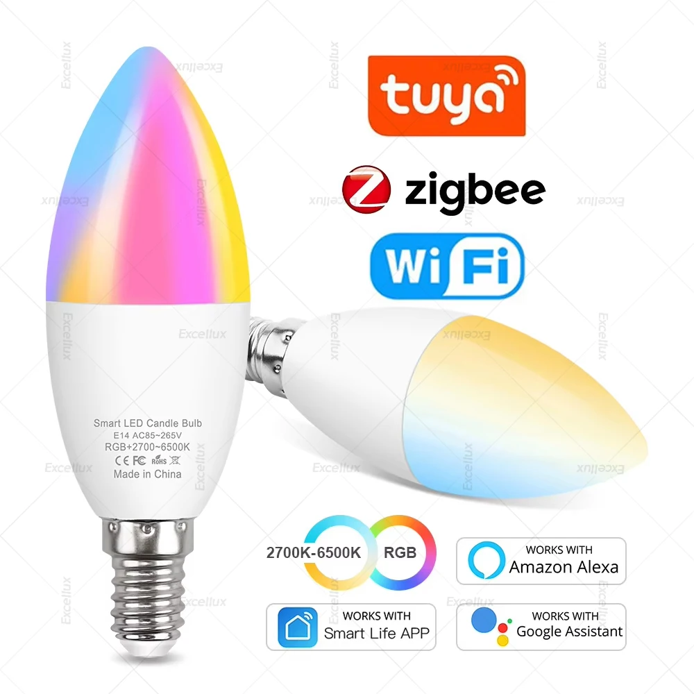 Tuya Zigbee E14 WiFi Smart Bulb Dimmable Led Light Bulbs RGB+CW+WW E14 Candle Lamp Works With Alexa Amazon Google Home Assistant