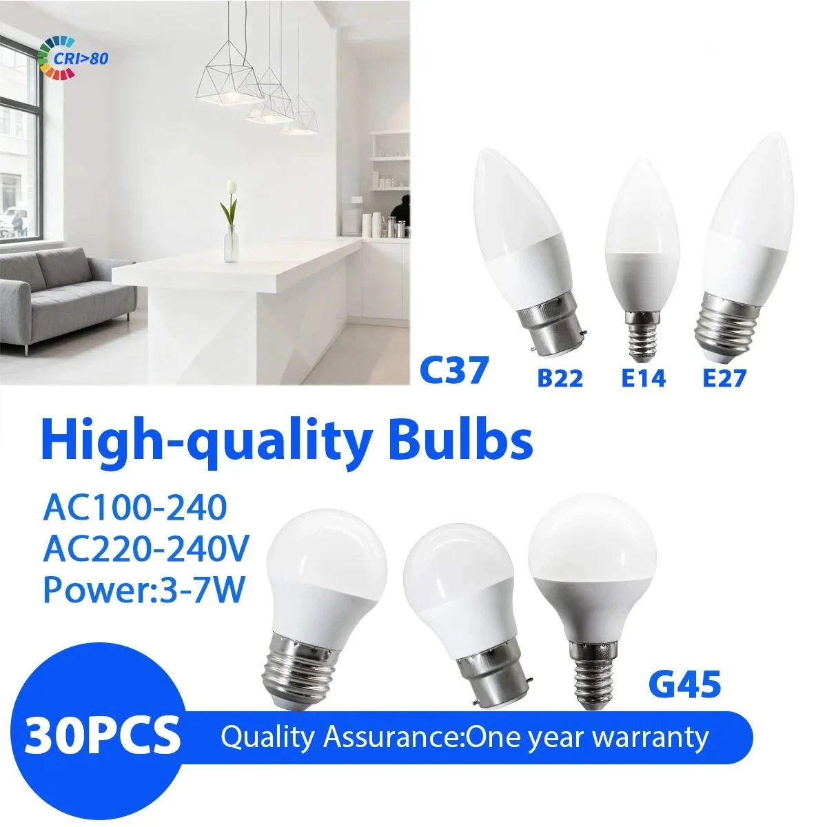 

30 шт. мини-лампочек C37 G45 LED, 3-7 Вт, цоколи B22 E14 E27, без мерцания, CRI 80, AC220V, идеально подходят для домашнего и учебного освещения
