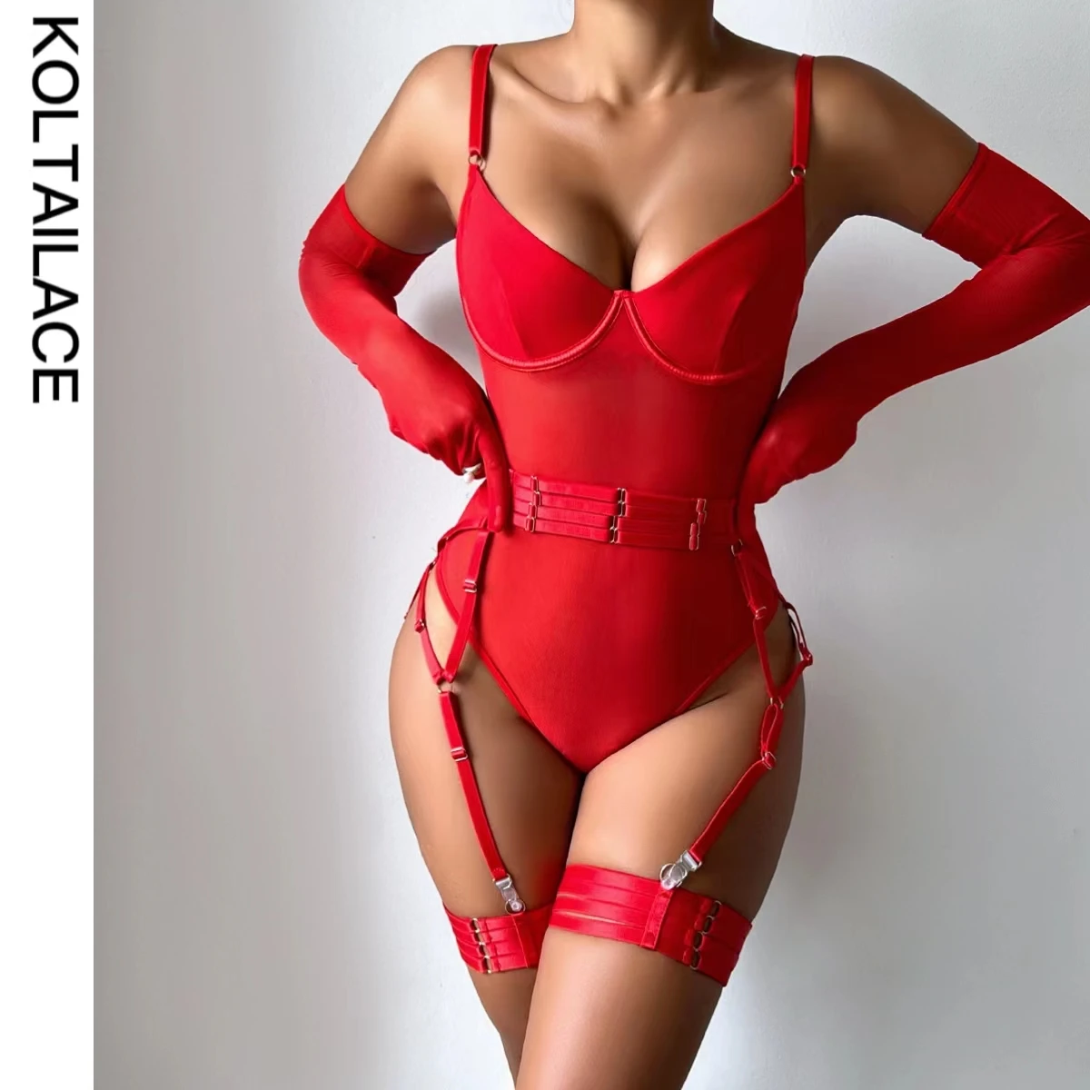 Koltailace Tight Fitting Lace Bodysuit Sexy See Through Erotic Garter Night Club Outfit Sissy Crotchless Mesh Top