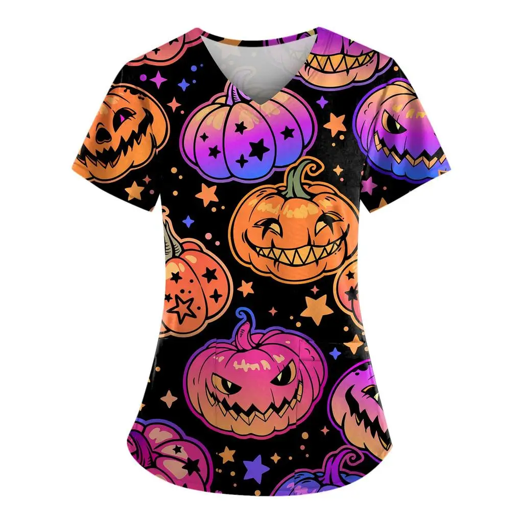 Halloween Print Nurse Uniform Women Short Sleeve V-neck Tops Healthcare Tunic Pocket Blouse Overalls Female uniforme clinico