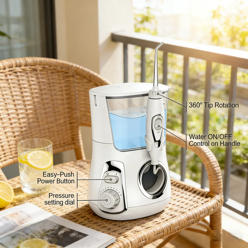 

Настольная зубная нить с большим баком, 800 мл, 360° ° Стоматологическое орошение, 10 режимов, 5 насадок, водонепроницаемая гидротерапия IPX7