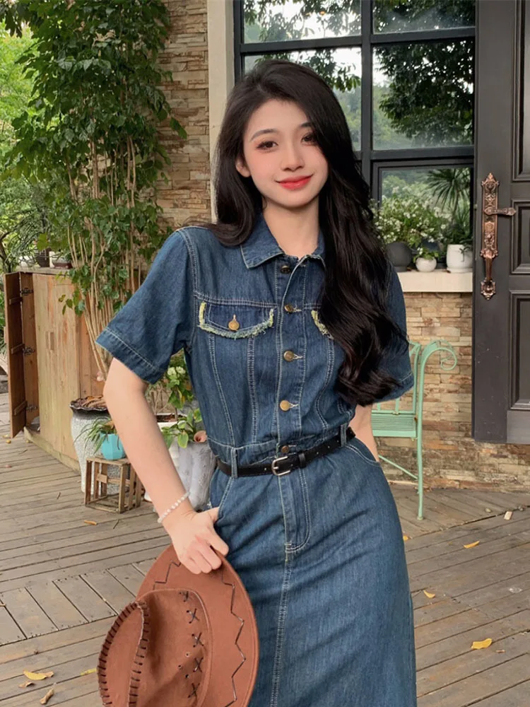 

intage Solid Loose Split Design Denim A-line Dress Woman Chic Lapel Single Breast Puff Sleeves High Waist Belt Dresses