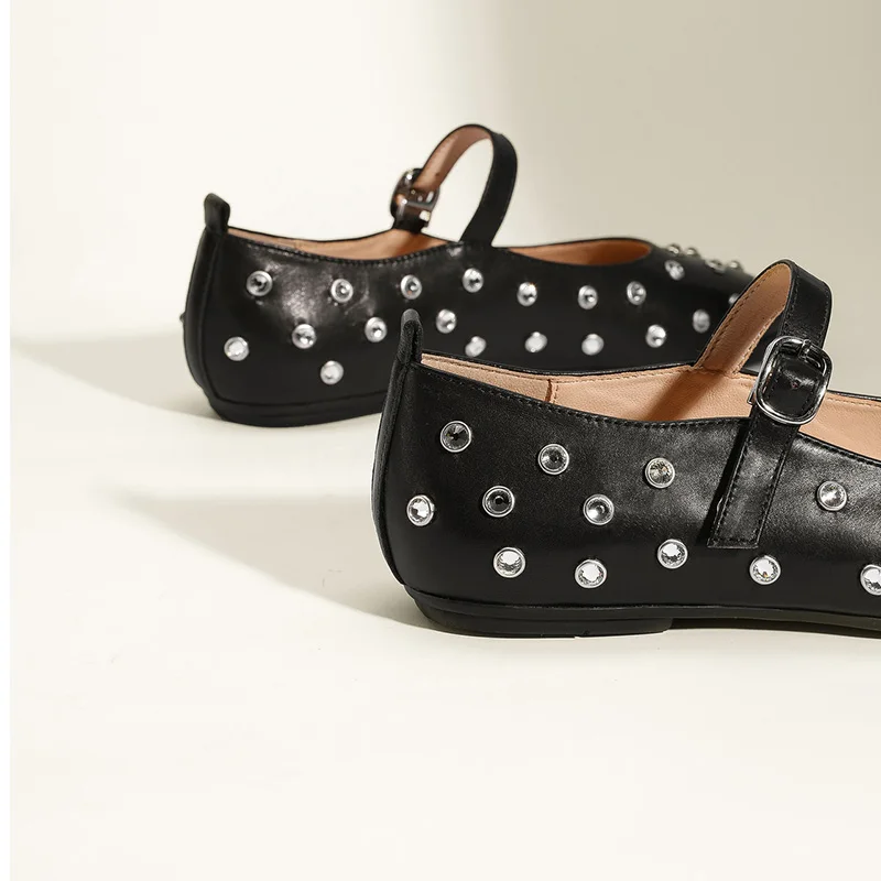 Onlymaker Women Black Round Toe Rivets Mary Jane Flats Buckles  Woman Fashion Summer Flats Shoes