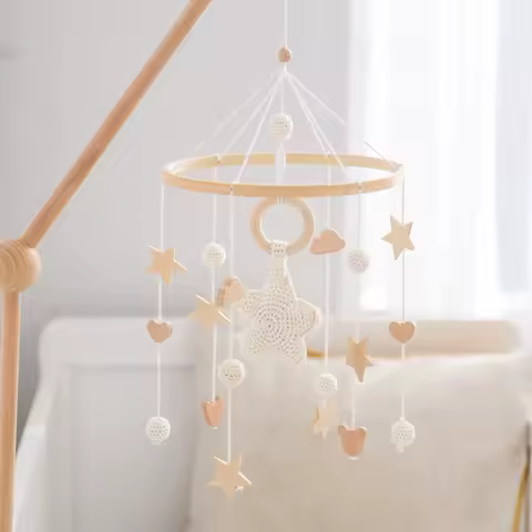 Berço do bebê móvel cama sino chocalho brinquedos de madeira crochê estrelas pingente cama sino brinquedos conforto recém-nascido berço suporte pendurado brinquedos presentes