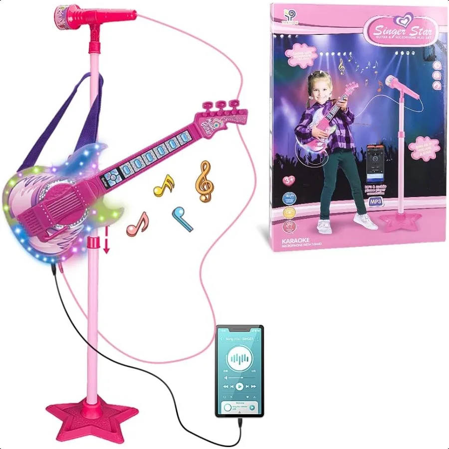 

TAKIHON Guitar and Microphone Set for Guitar Toys with MusicColorful Light Adjustable Height Microphone with Stand Karaoke Toys