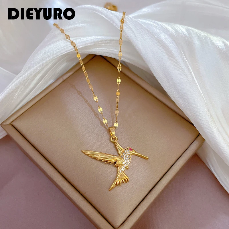 DIEYURO 316L Stainless Steel Hummingbird Bird Pendant Necklace For Women Fashion Girls Clavicle Chain Birthday Jewelry Gifts