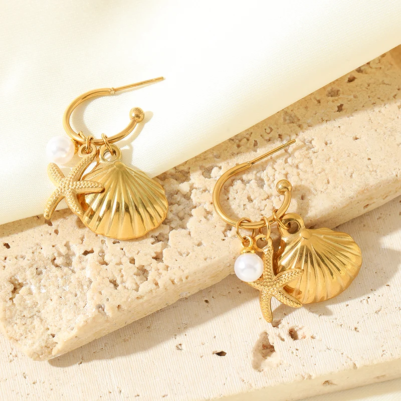 EILIECK 316L Edelstahl Goldfarben Seestern Muschel Perlen Halskette Ohrringe Set für Damen Trendiger Wasserdichter Schmuck Damengeschenk – Detail 11