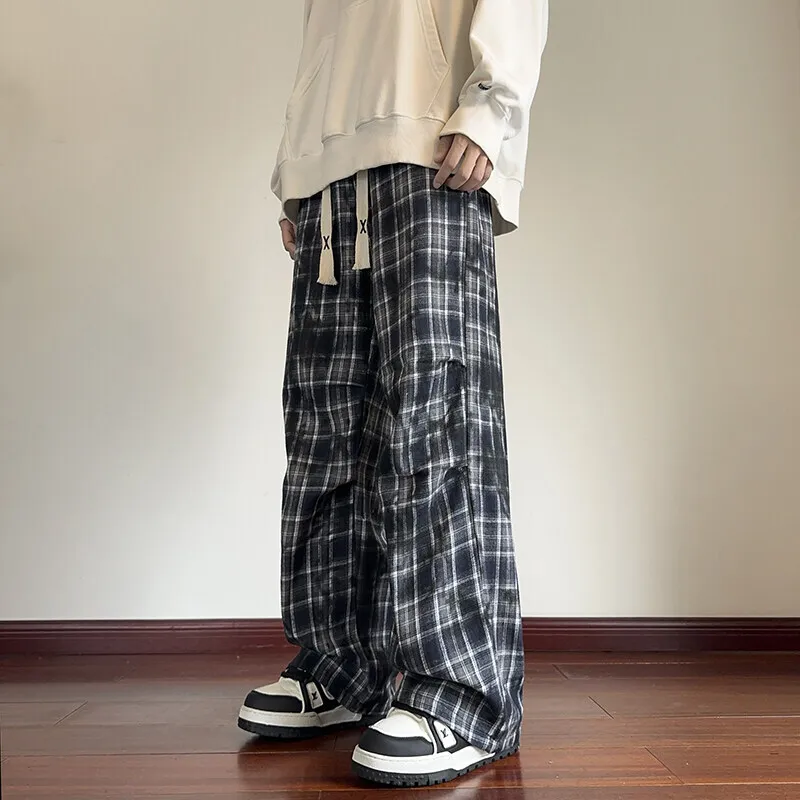 

Casual Pants Men Oversized Fashion Retro Plaid Pants Men Japanese Streetwear Hip-hop Loose Wide Leg Pants Mens Vintage Trousers