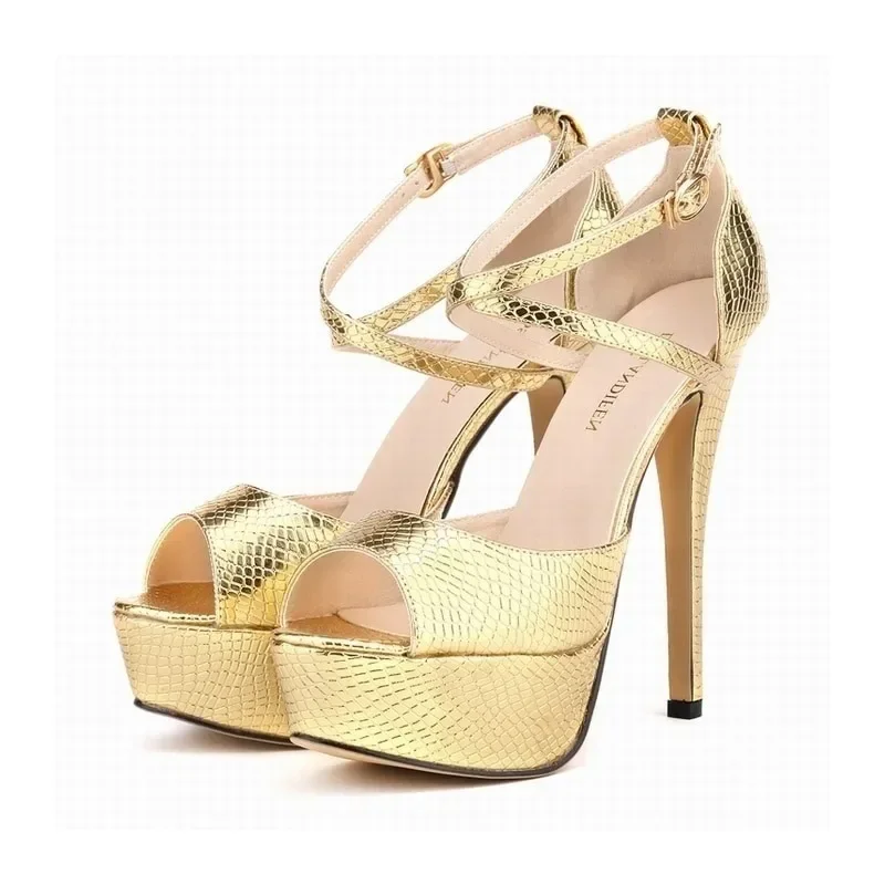 

Women Sandals Stilettos Fashion Sexy Gold Silver Crocodile Pattern Open Toe Sandal 14cm Extremely High Heels Party Wedding Shoes