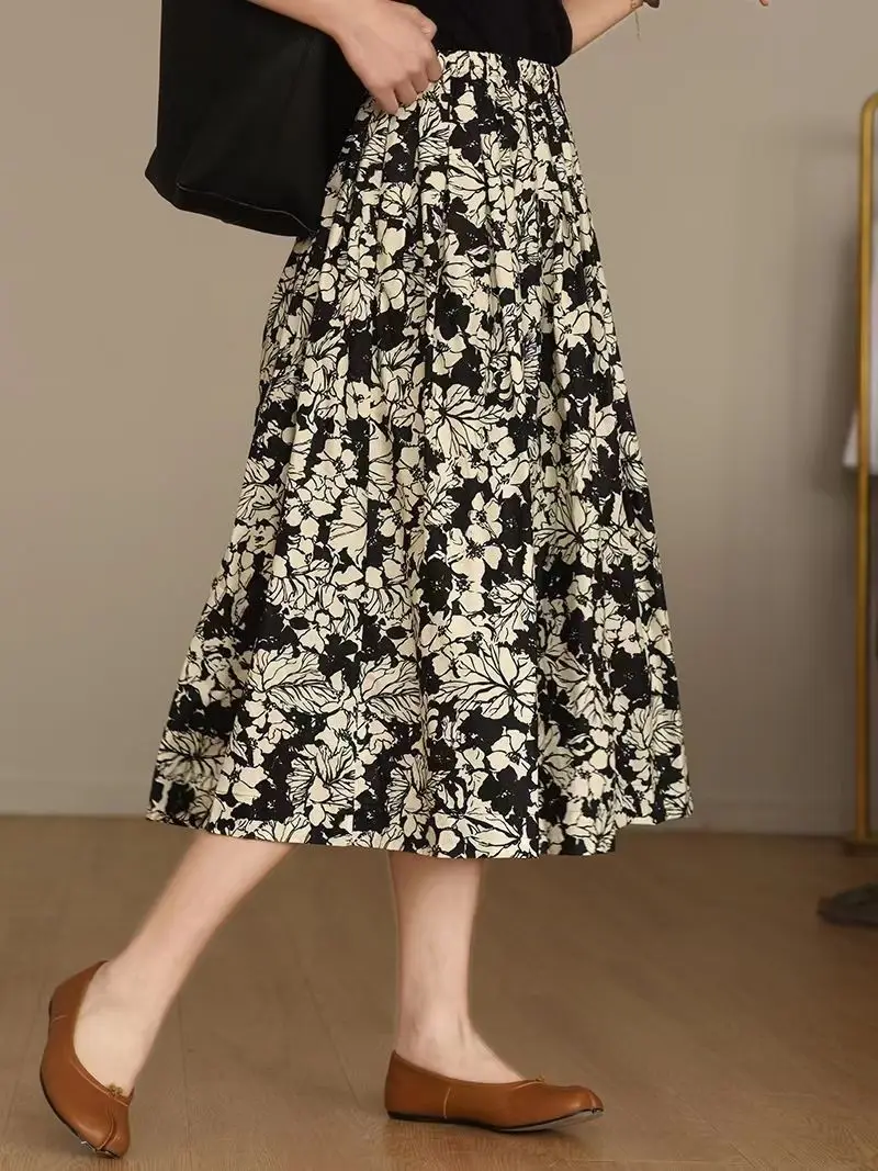 

French Cotton Floral Skirt Spring Summer New Elastic Waist Slimming Office Mid-Length A-Line All-match Skirt