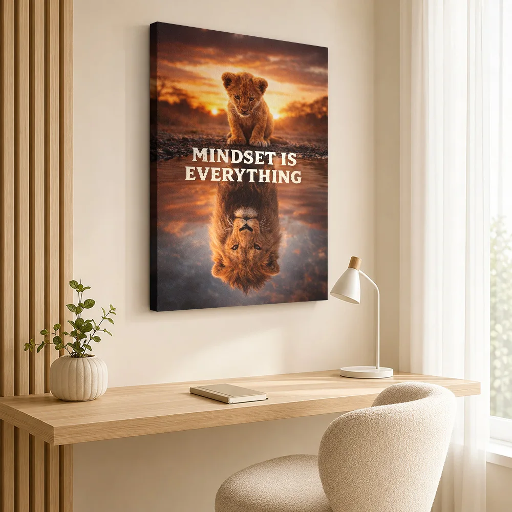 Lion Cub Mindset Reflection Quote Canvas Print With Wooden Frame Personalized Photo Typographic Design Wall Art For Study Room