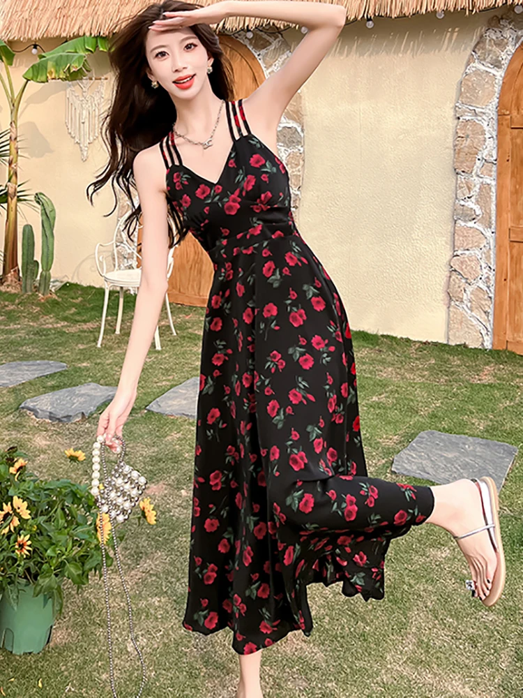 Summer Black Chiffon Chic Ruffled Floral Sling Long Dress Women Korean Vintage Evening Dress 2025 Elegant Bodycon Party Vestidos