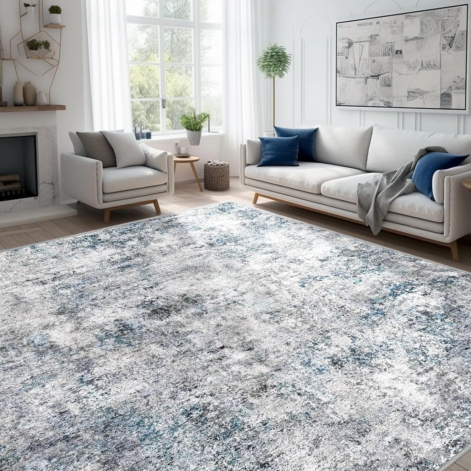 Distressed Stain Resistant Neutral Rugs for Living Room Bedroom Decor Large Indoor Farmhouse Rug 10'x14' Blue Gray