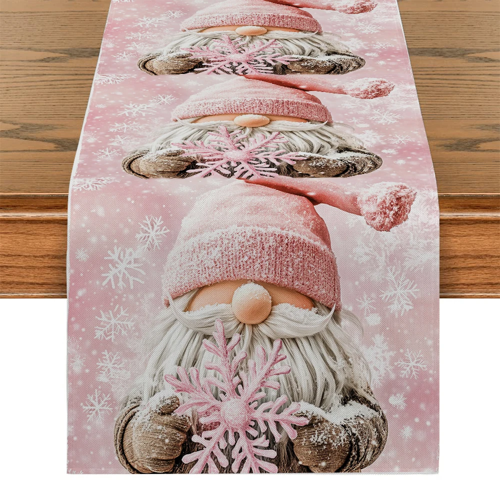 Christmas Santa Pink Snowflakes Table Runner Polyester Table Runners for Dining Room Cottagecore Polyester Table