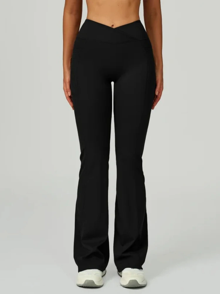 2025 New Women High Waist Flared Pants Cross Waistband Wide Leg Yoga Workout Fitness Casual Sports Trousers Stretchy Activewear