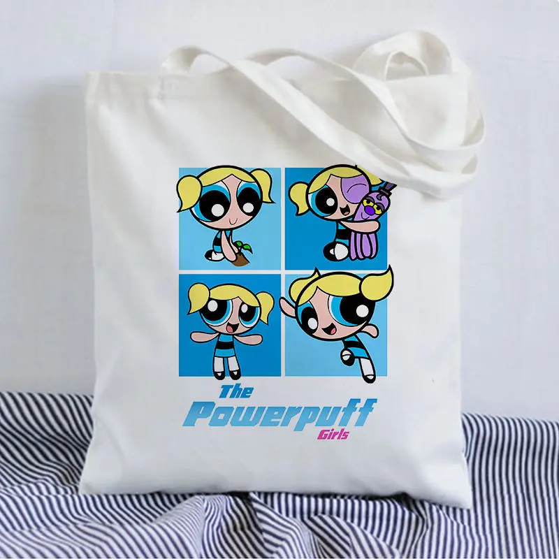حقيبة كتف قماشية عصرية مطبوعة لطيفة للفتيات من كارتون The Powerpuff حقيبة يد نسائية صديقة للبيئة قابلة للطي حقيبة تسوق ذات سعة كبيرة