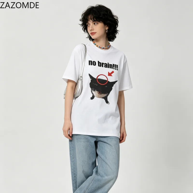 ZAZOMDE Y2K Aesthetic Cat Meme Printed T Shirts Retro Harajuku Streetwear Unisex Loose Short Sleeve Daily Casual Cotton Tops
