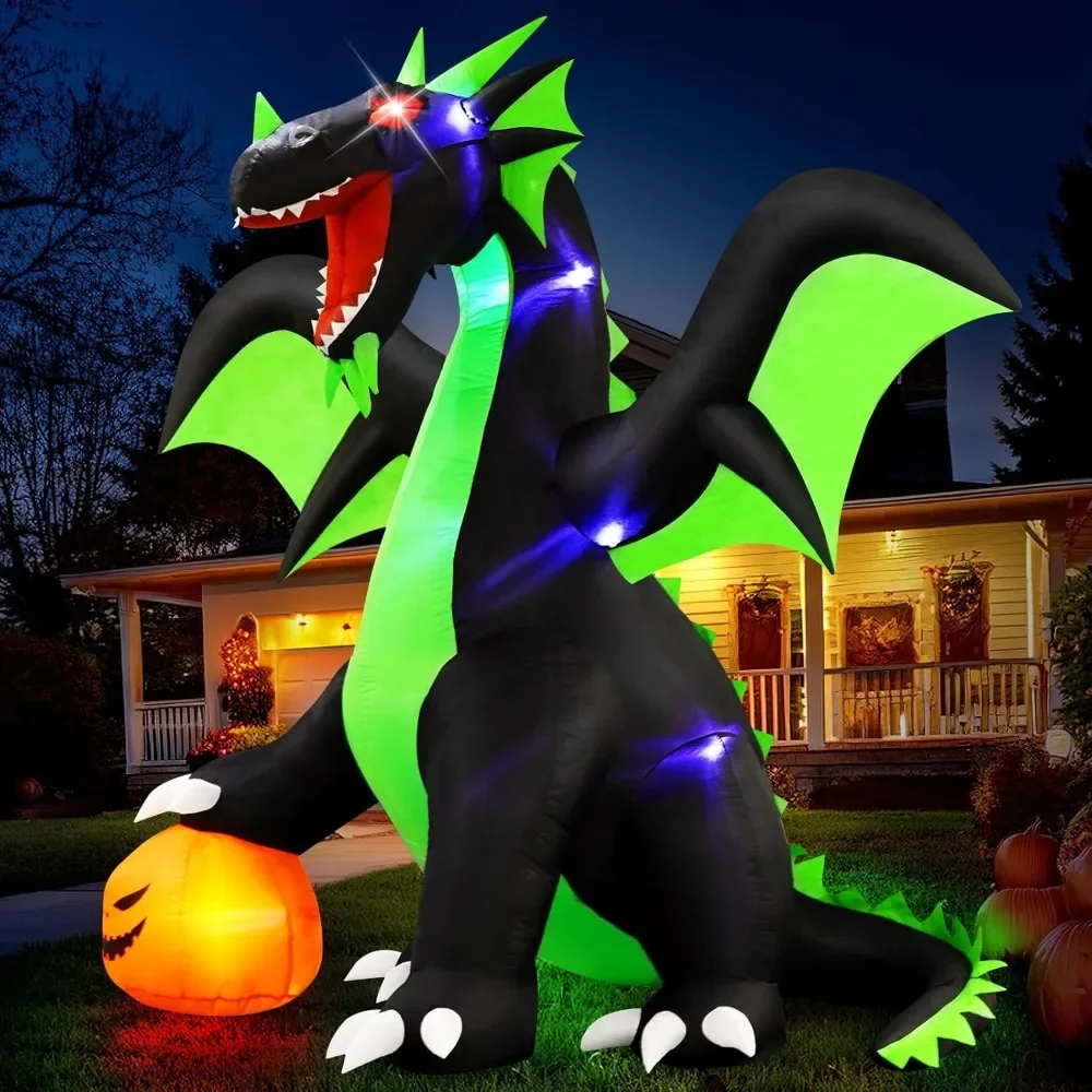 

9FT Halloween Inflatable Dragon Outdoor Decorations Blow Up Yard Dragon with Pumpkin and LED Lights for Halloween Fun Garden