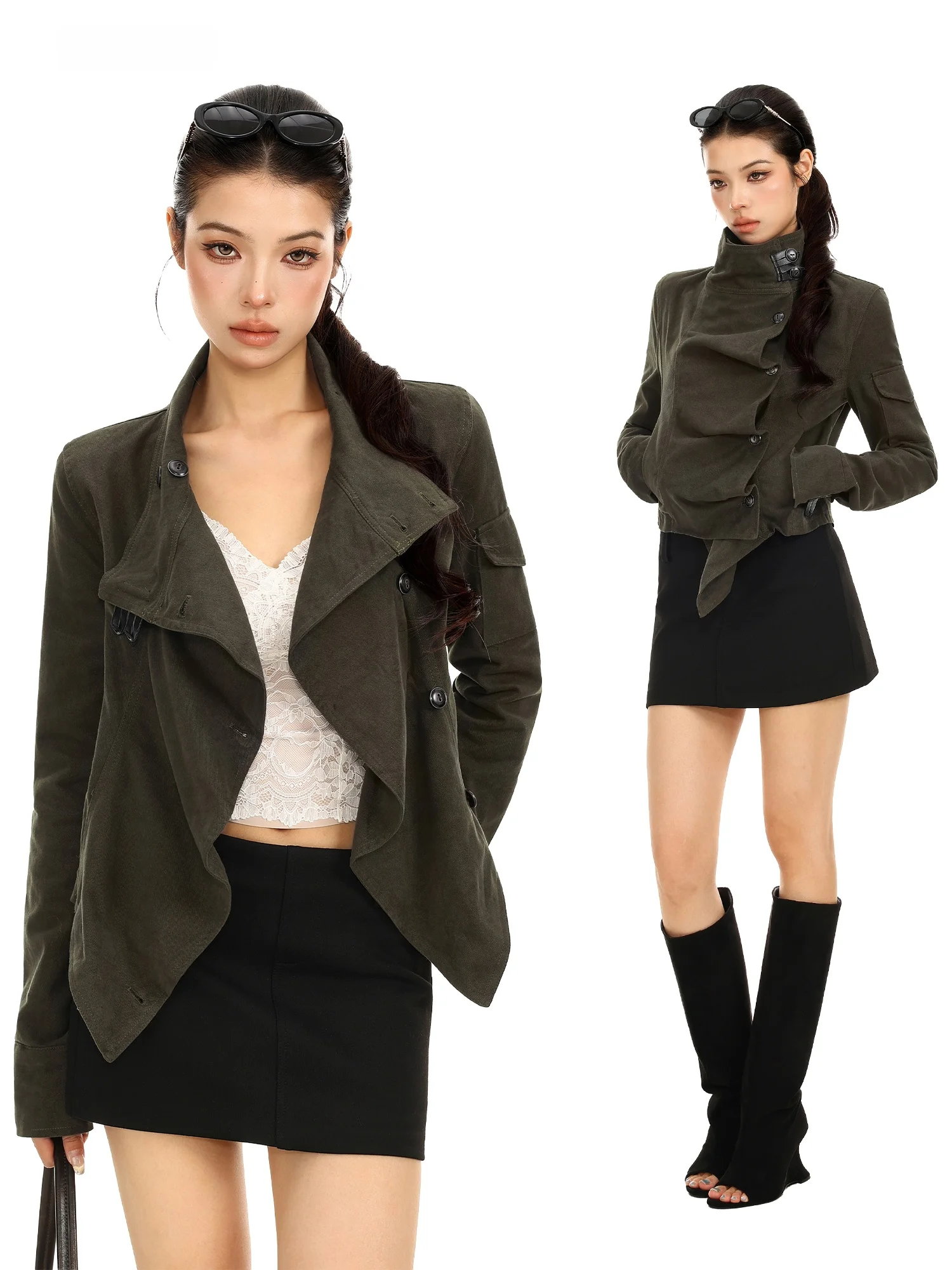 American Retro Deconstructed Stand Collar Open Cardigan Jacket Women's Design Sense Buttoned Pleated Short Coat Top