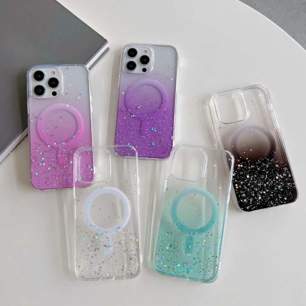 

For iPhone 16 Pro Max 15 Promax 14 Plus 13 Gradient Glitter Magnetic Case, Shiny Star Transparent All-inclusive Protective Cover
