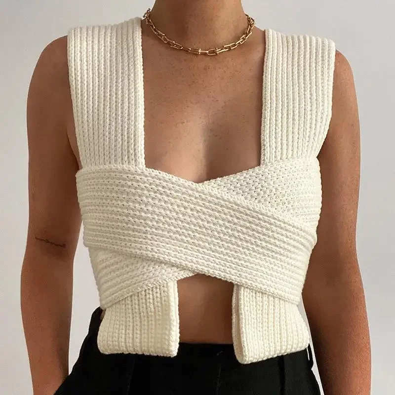2024 Autumn New European and American Sweater DIY Style Tide Cross Coarse Knit Top Sexy Sling Fashion Solid Color Vest Women