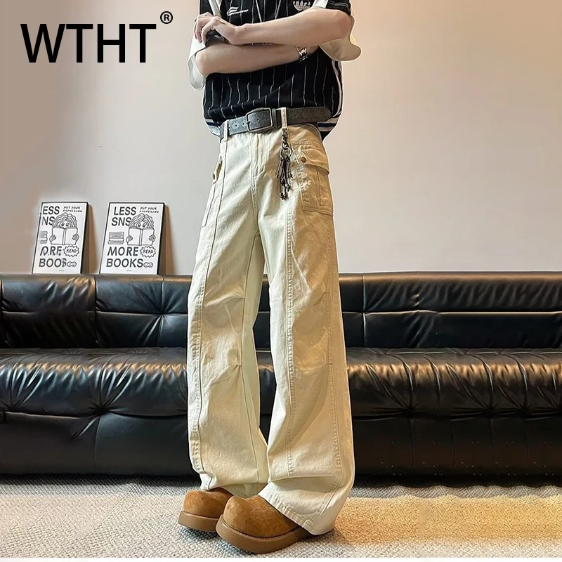 

WTHT Fashion Men's Solid Color Patchwork Pockets Denim Cargo Pants Trendy Casual Wide Leg Straight Jeans Male Summer 2A0169