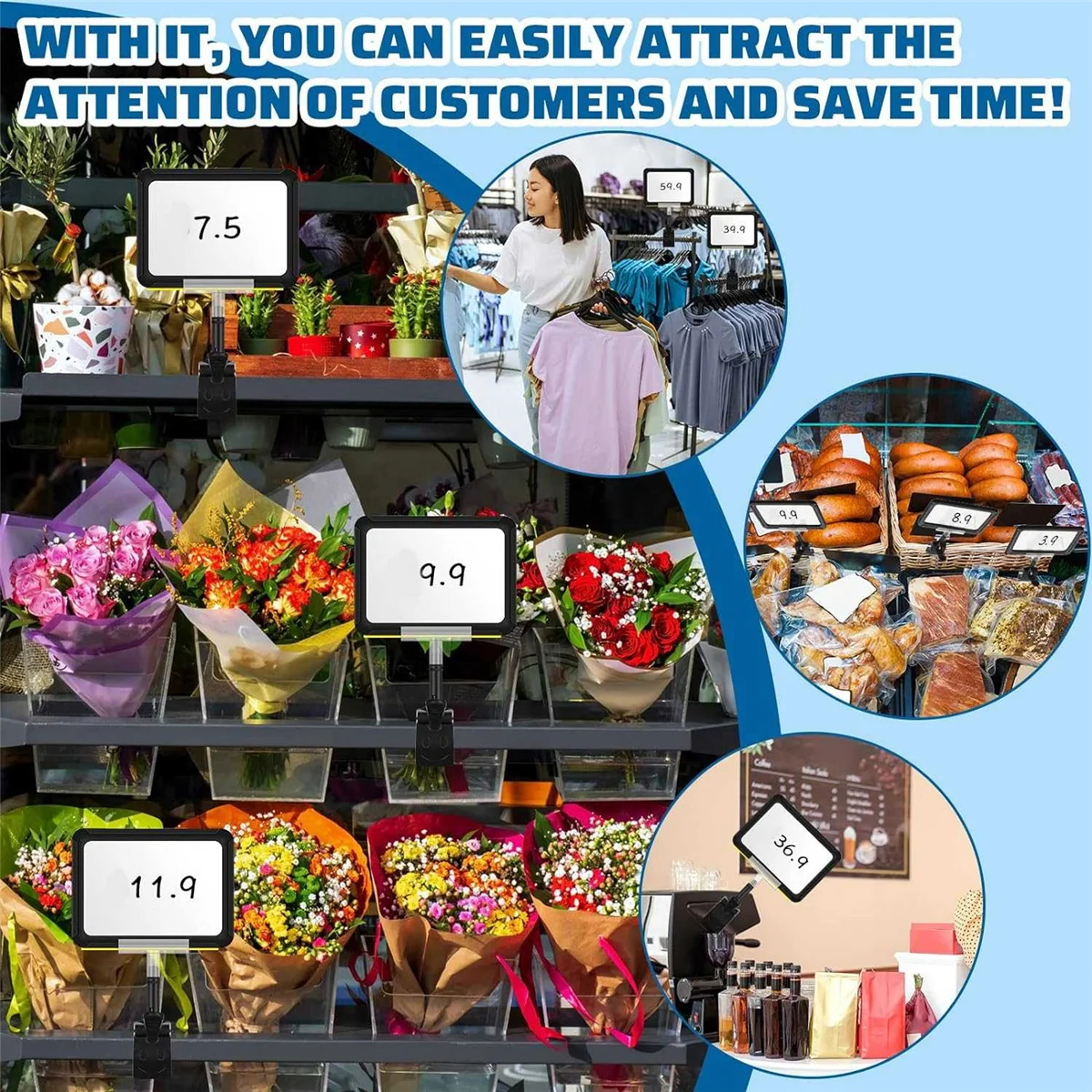 Retail Merchandise Rack 10 PCS Clip on Sign Holder Rotatable Label Clips Retail Merchandise Rack Sign Display Clip Sign Holding