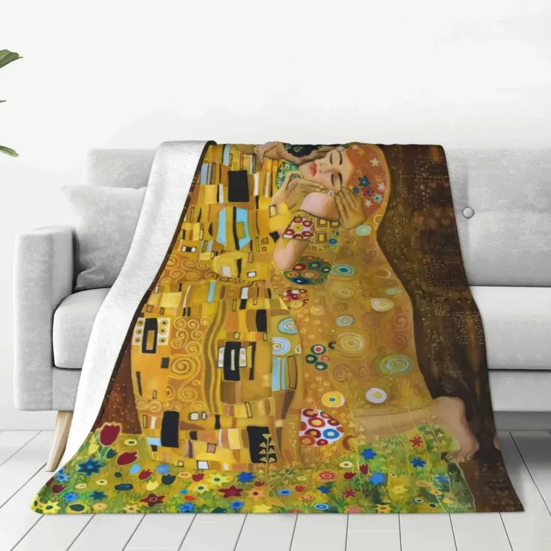 Gustav Klimt The Kiss Knitted Blanket Flannel Abstract Freyas Art Super Warm Throw Blankets for Bed Bedroom Quilt