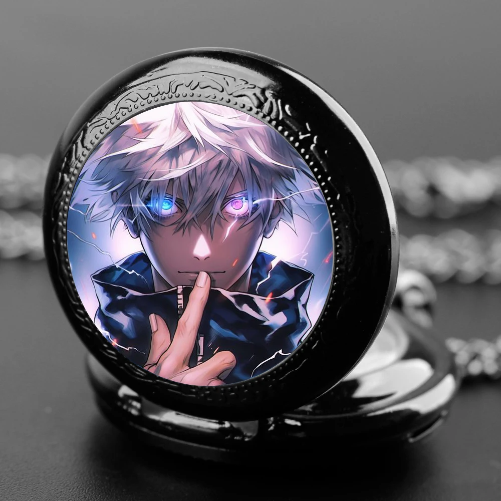 Jujutsu Kaisen Anime Quartz Pocket Watch Women Men Black Necklace Unique Pendant Round Dial Clock Watch Gift Accessories