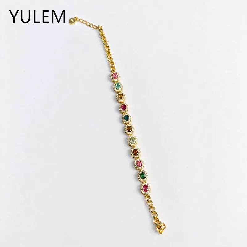 Women Natural Rainbow Tourmaline Tennis Bracelet Oval Gemstone Bracelet 925 Silver Plated Hand Chain Fashion Fine Jewelry