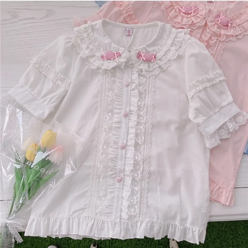 Sweet Lace Lolita Blouse Girly Cute Blue Peter Pan Collar Candy Shirt Women Kawaii Clothing Puff Sleeve Ruffles Bow Blusas Mujer