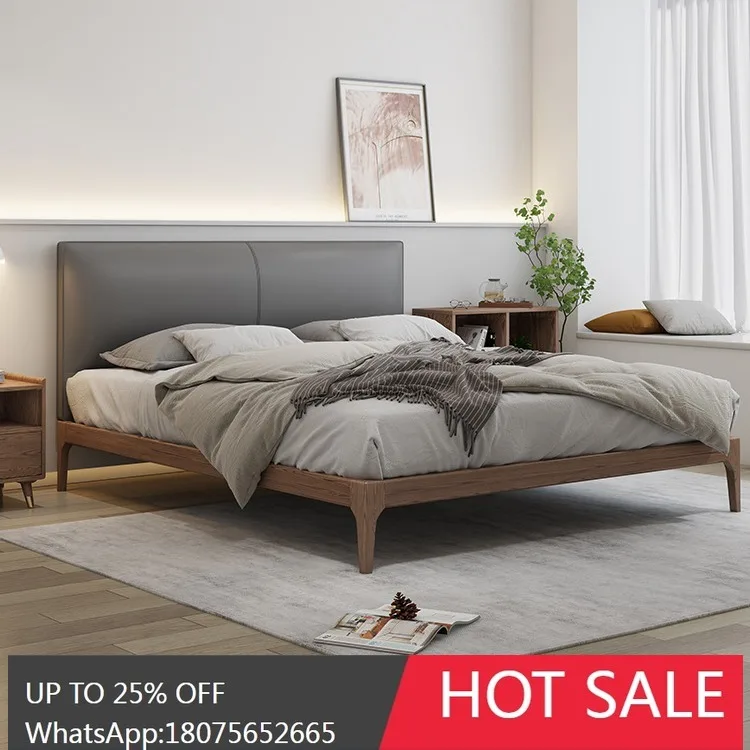 

HLZ Nordic Solid Wood Genuine Leather Bed Modern Simple 1.8m Master Bedroom Double Small Apartment Edge-to-Edge Bed