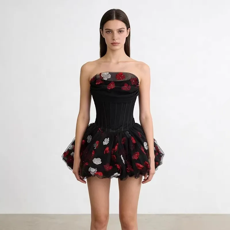 Gothic Romance Black Dress Solid Slim Spliced Flowers Dresses Lady Strapless Sleeveless Prom Party Wear 2026 Trendy Outfit Dress