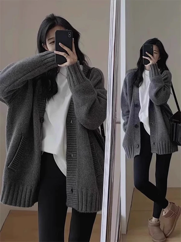 Cardigã Aberto de Tricô Feminino Estilo Japonês Retrô de Manga Longa, Casaco de Suéter Grosso e Solto de Comprimento Médio pa...