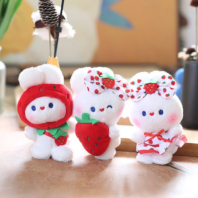 Sweet Strawberry Rabbit Keychains Cartoon Pink Sakura Plush Rabbit Doll Keychains Cute Stuffed Keyring For Bag Pendant