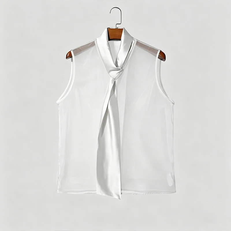 Sexy Mens See Through Sleeveless Shirt Self Tie Neck Sheer Chiffon Muscle Tank Tops Night Club Bar Costume Slim Transparent Vest
