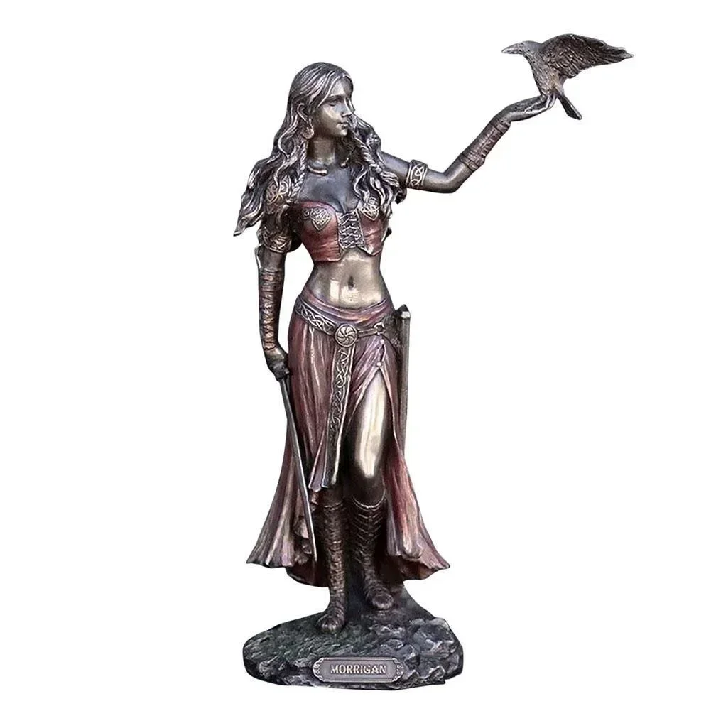 Resin Statues The Celtic Goddess of Battle with Crow & Sword Bronze Morrigan Finish Statue Ghost Head Cup Resin Crafts