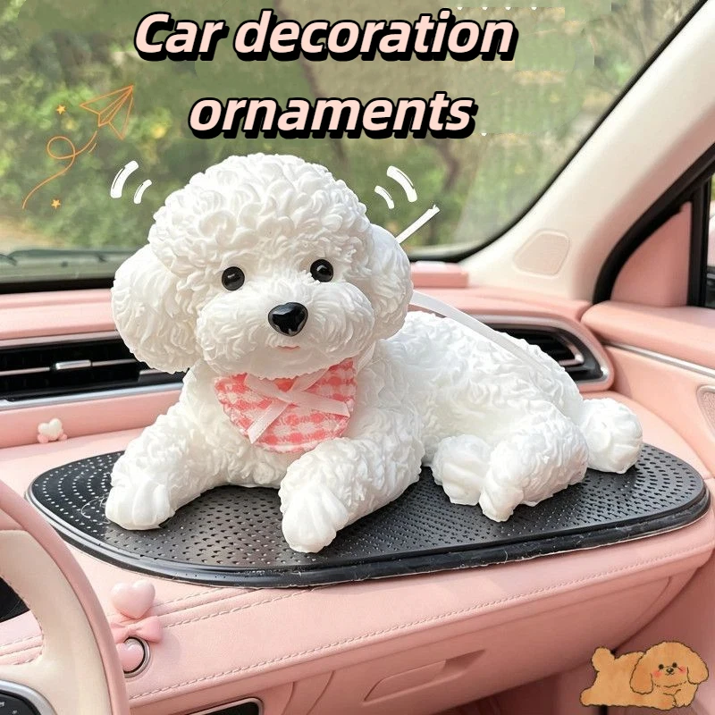Silicone Dog Dashboard Decoration For Car Realistic Teddy Puppy Figurine With Anti-slip Mat For Vehicle Interior Desk Shelf Gift