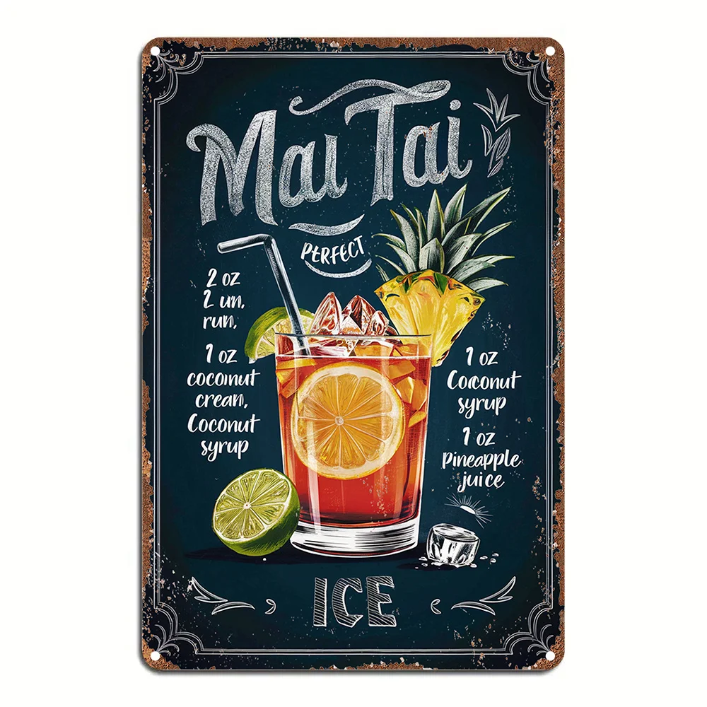1pc Vintage Mai Tai Recipe Ingredients List Metal Tin Sign Retro Tiki Bar Wall Art, Aluminum Poster for Home, Office Tiki Lounge